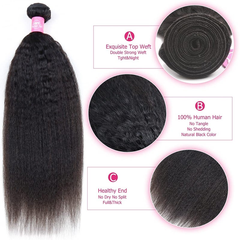 Odir Kinky Straight Human Hair Bundles 18 Inch Unprocessed 9A Brazilian Yaki Straight Virgin Hair Weave 1 Bundle Kinky Straight Hair Extensions 100g/Bundle Natural Color - Image 3